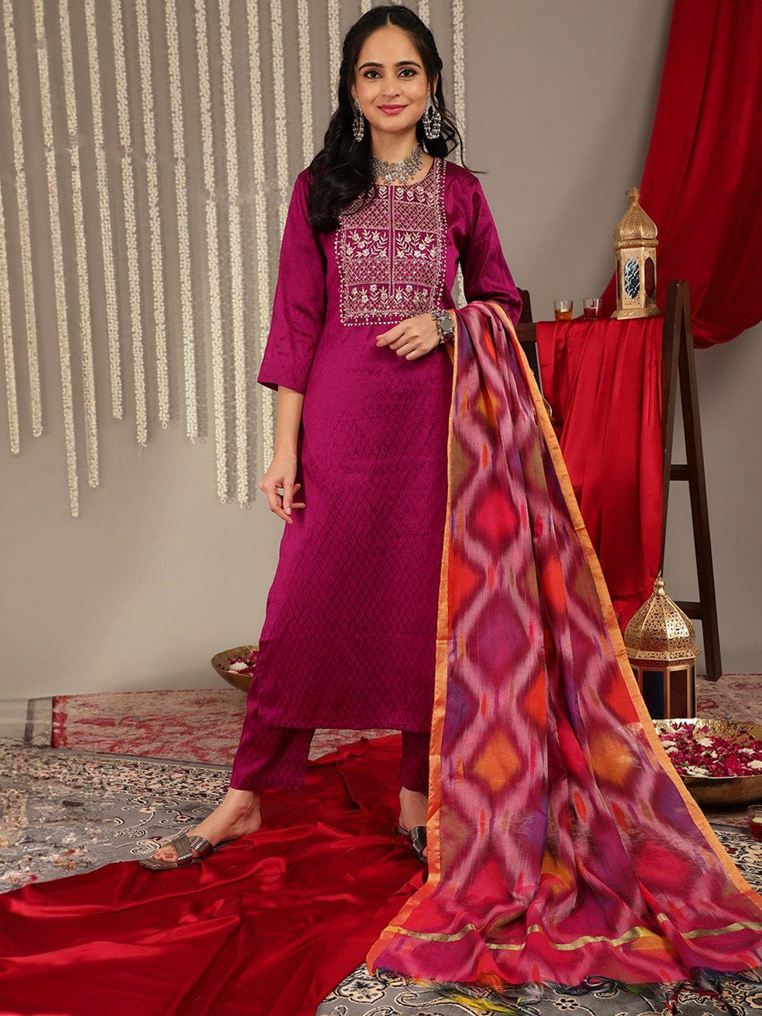 varanga women magenta ethnic motifs embroidered regular kurta with trousers & with dupatta