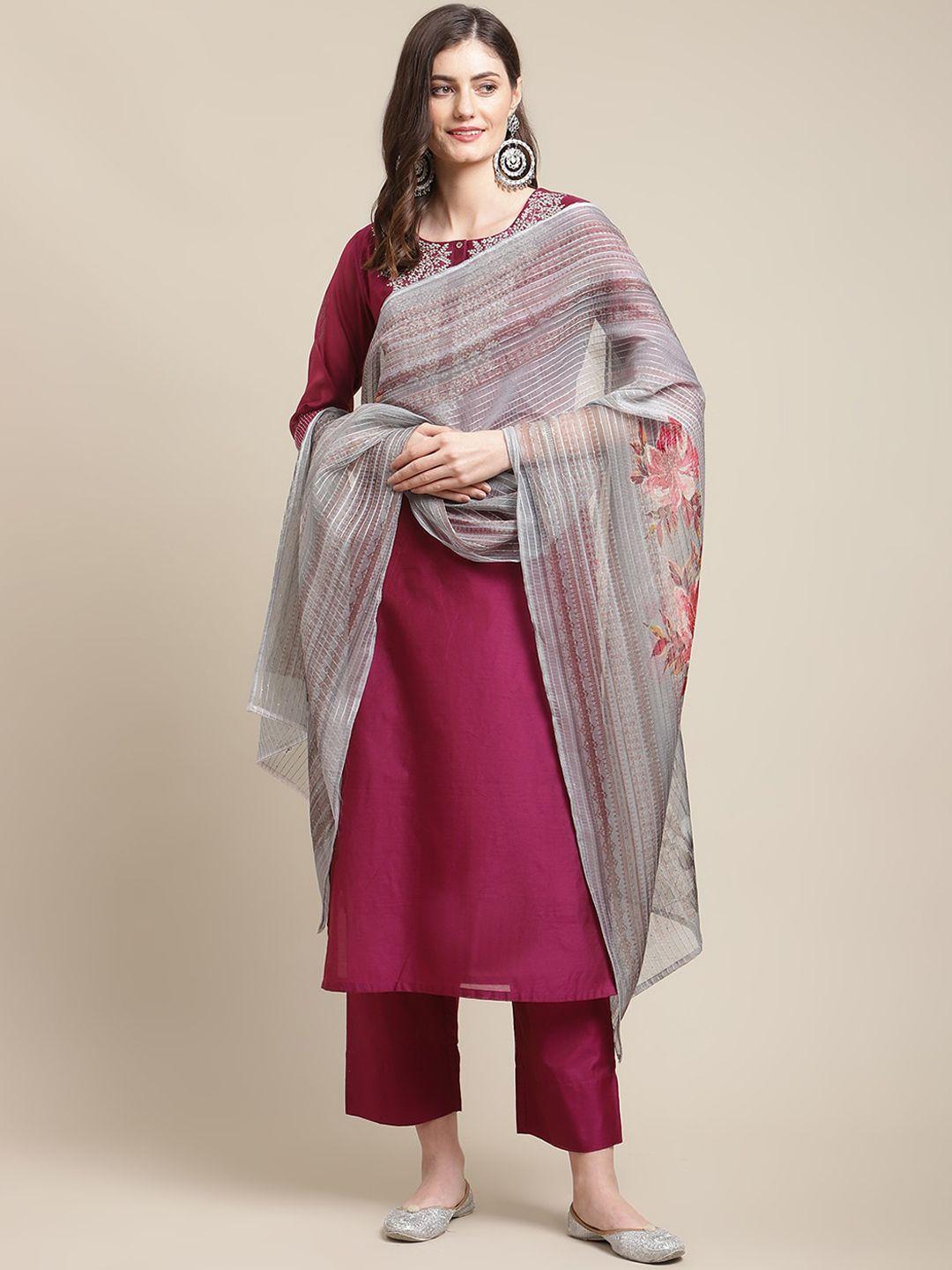 varanga women magenta floral embroidered chanderi silk kurta with trousers & with dupatta
