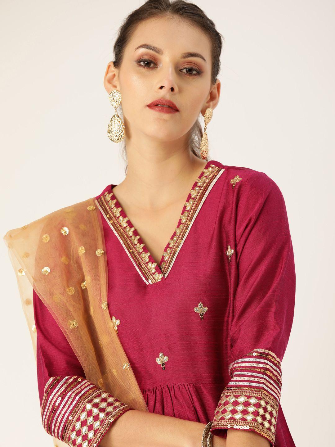 varanga women magenta pink & gold-coloured embroidered kurta with trousers & dupatta