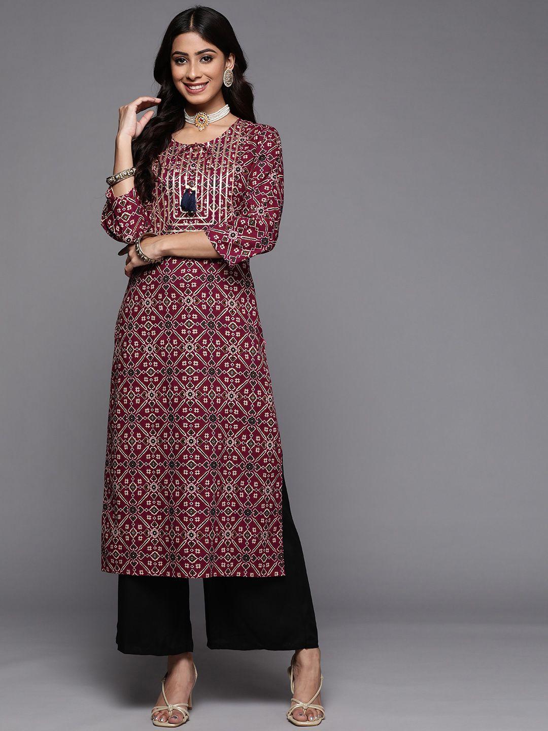 varanga women maroon & beige ethnic motifs printed indie prints kurta