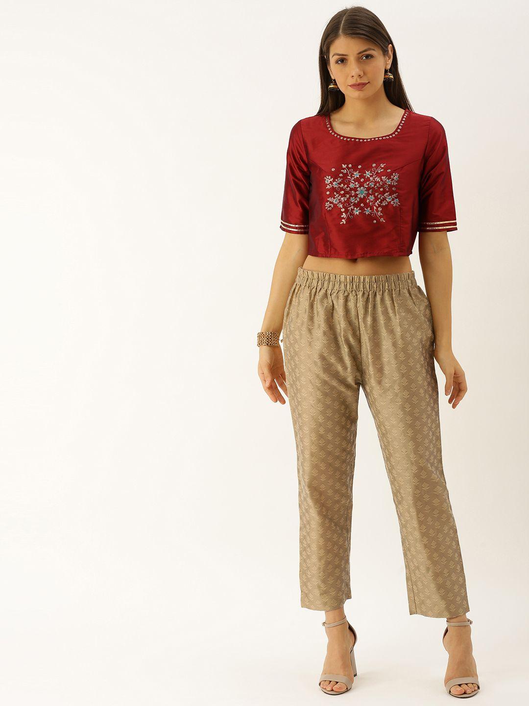 varanga women maroon & beige self design top with trousers