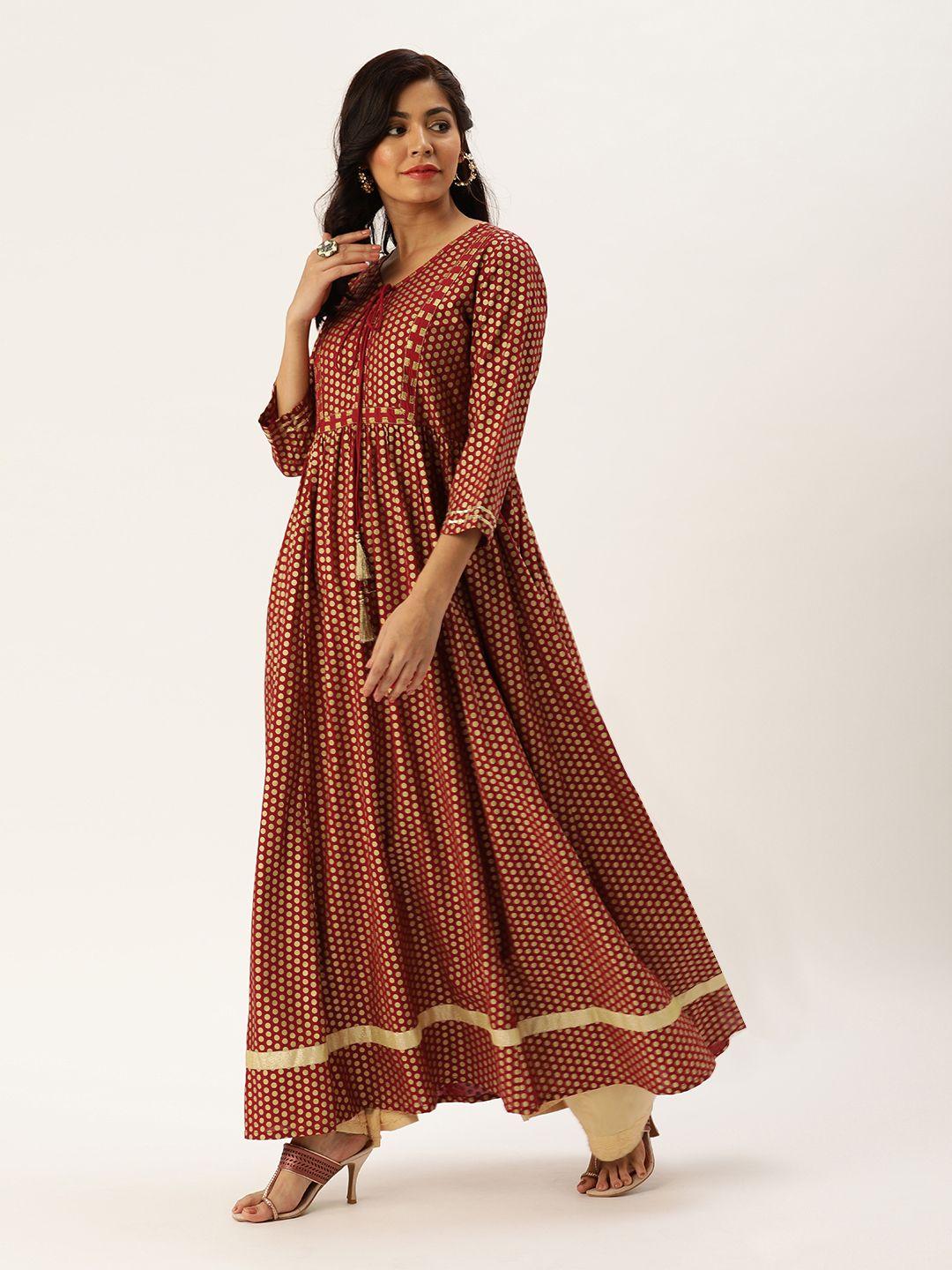 varanga women maroon & gold-toned printed anarkali kurta