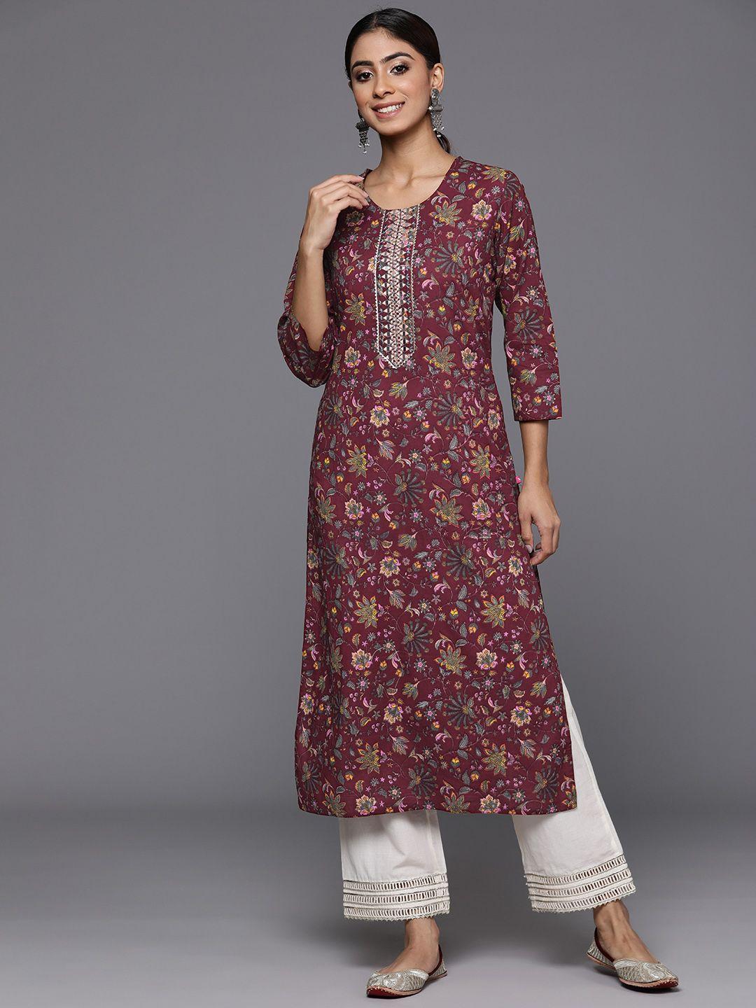 varanga women maroon & grey floral printed mirror work pure cotton kurta