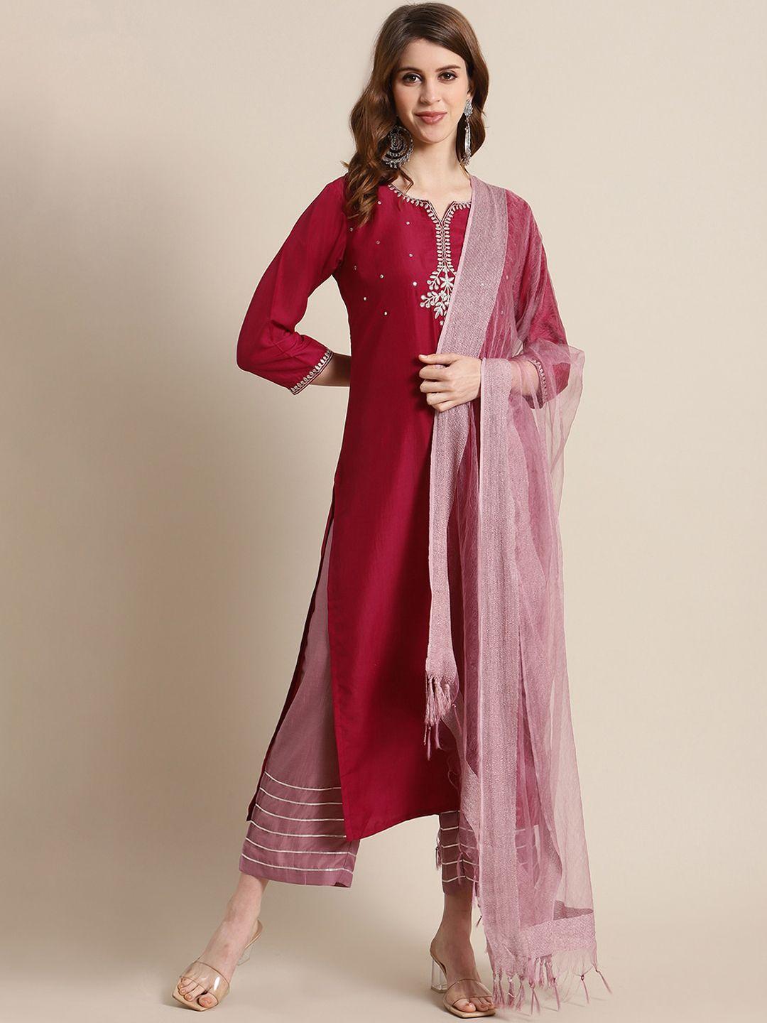 varanga women maroon & mauve yoke design kurta with trousers & dupatta