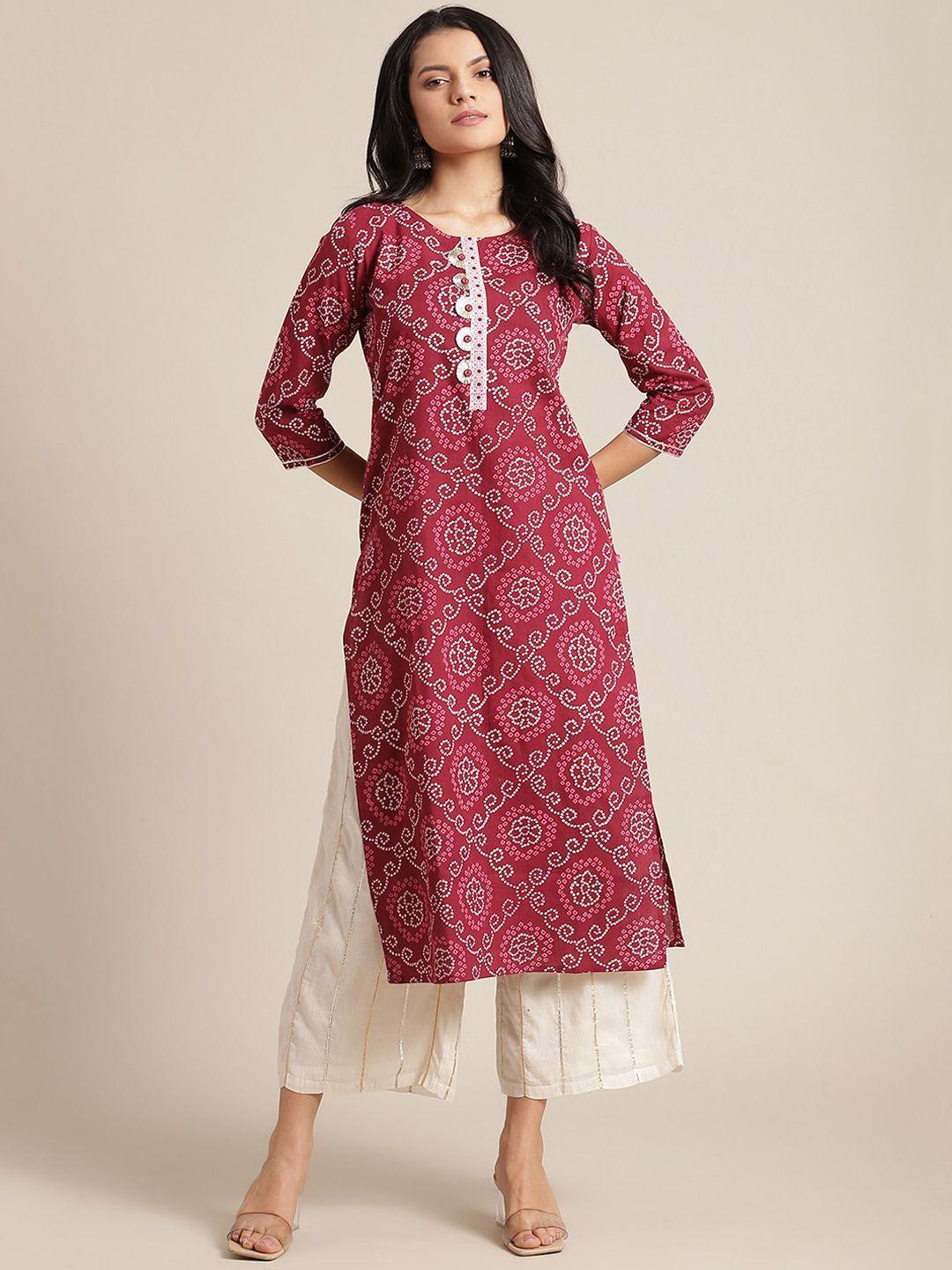 varanga women maroon and white bandhani printed straight kurta