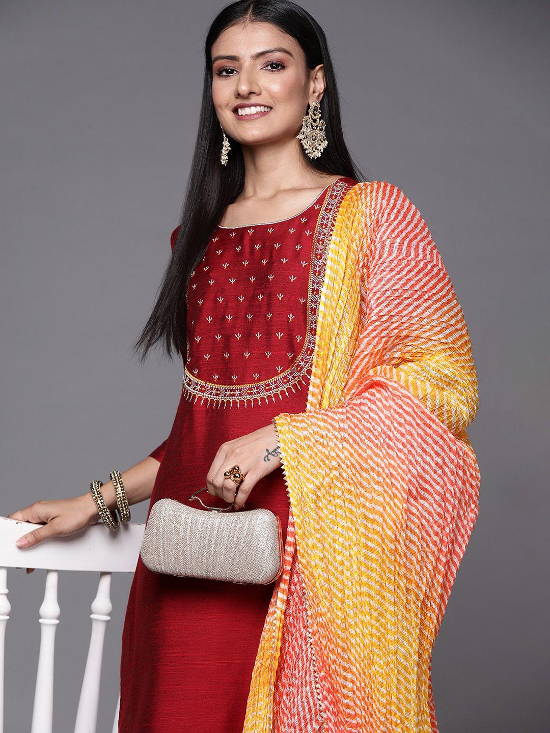 varanga women maroon ethnic motifs embroidered kurta with trousers & with dupatta