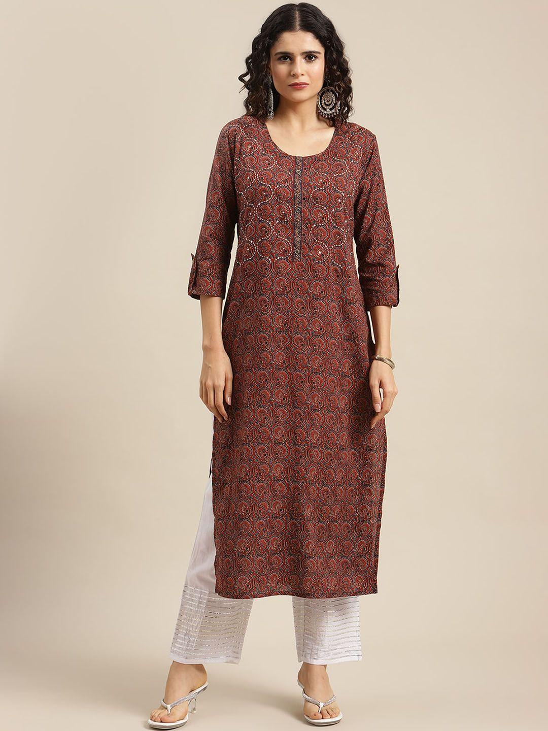 varanga women maroon ethnic motifs printed cotton thread work kurta