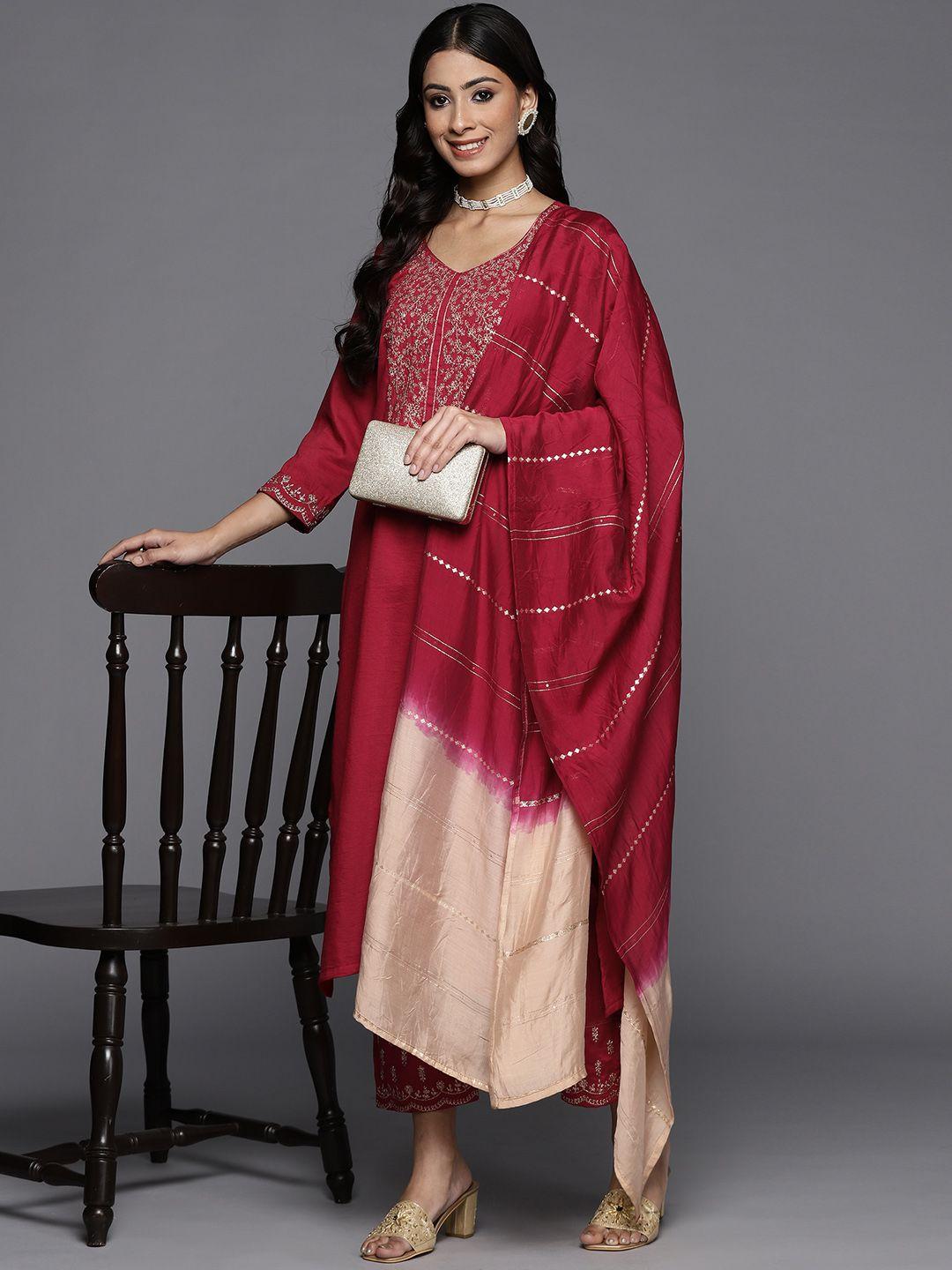 varanga women maroon ethnic motifs yoke design sequinned kurta with trousers & dupatta