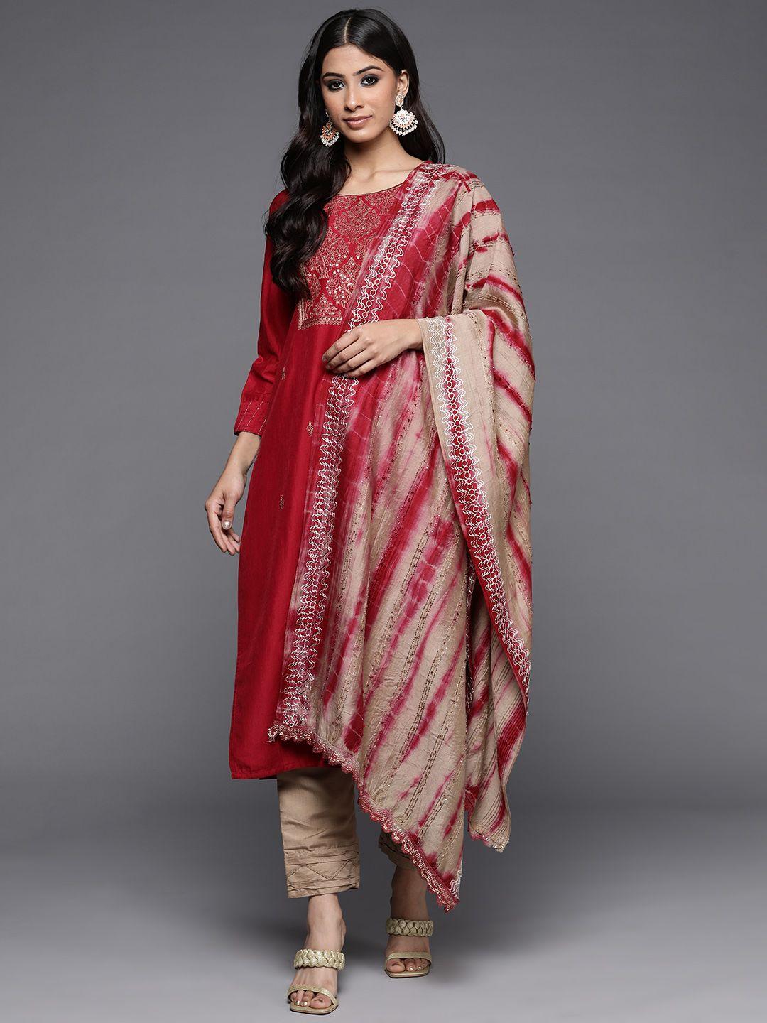 varanga women maroon floral embroidered thread work kurta with trousers & with dupatta