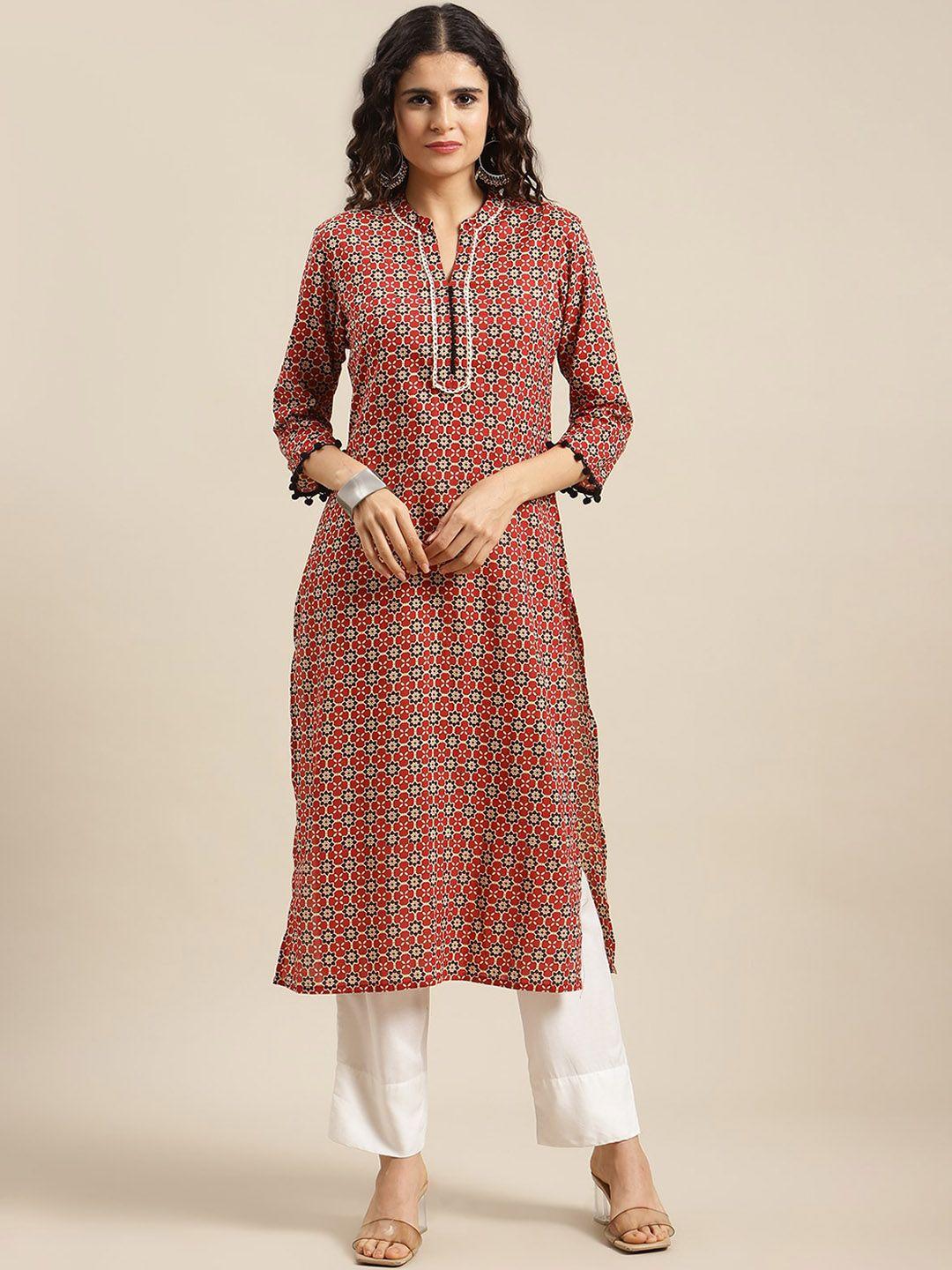 varanga women maroon geometric printed cotton kurta