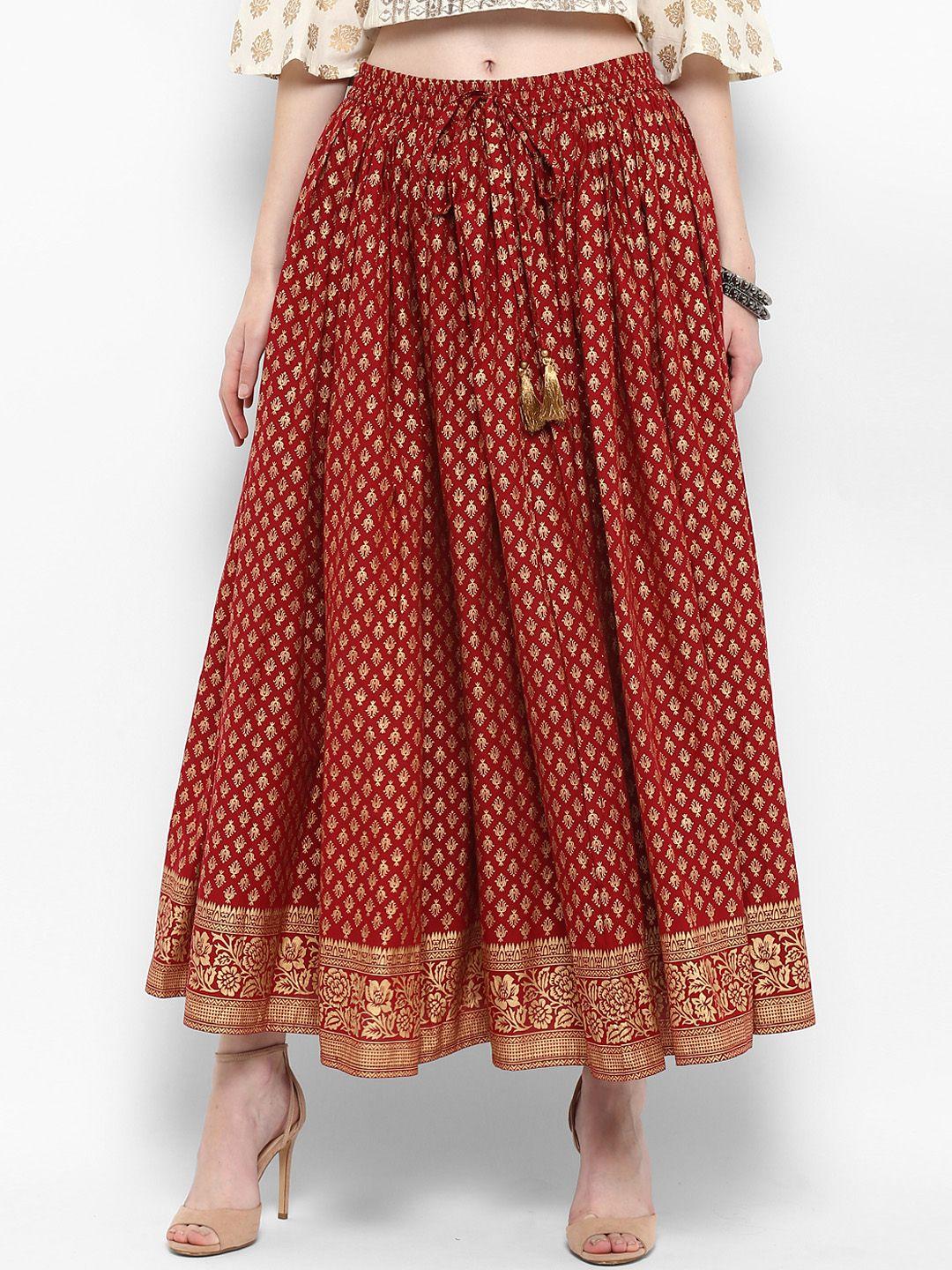 varanga women maroon printed flared maxi pure cotton skirt