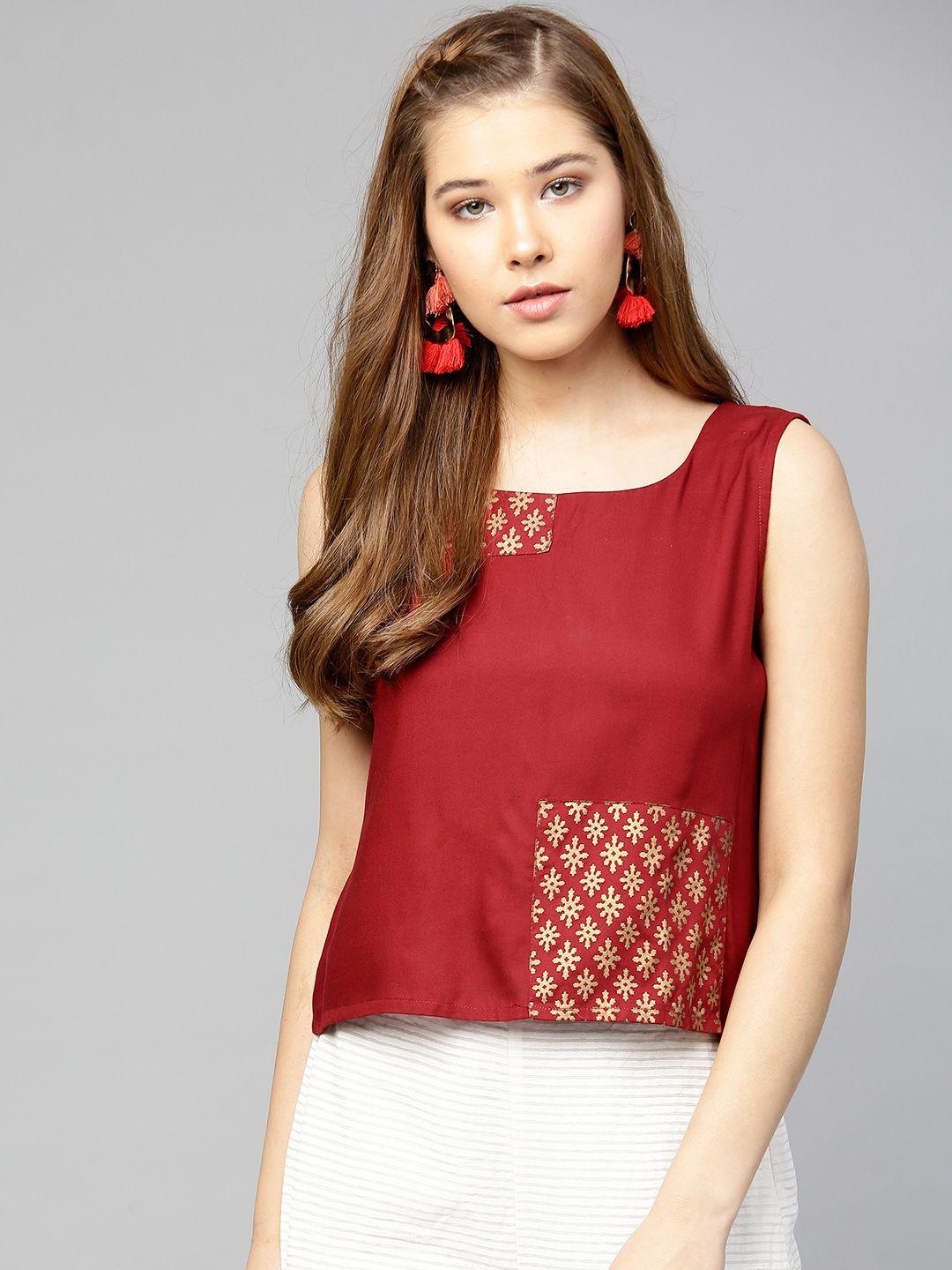 varanga women maroon solid top with block print detail