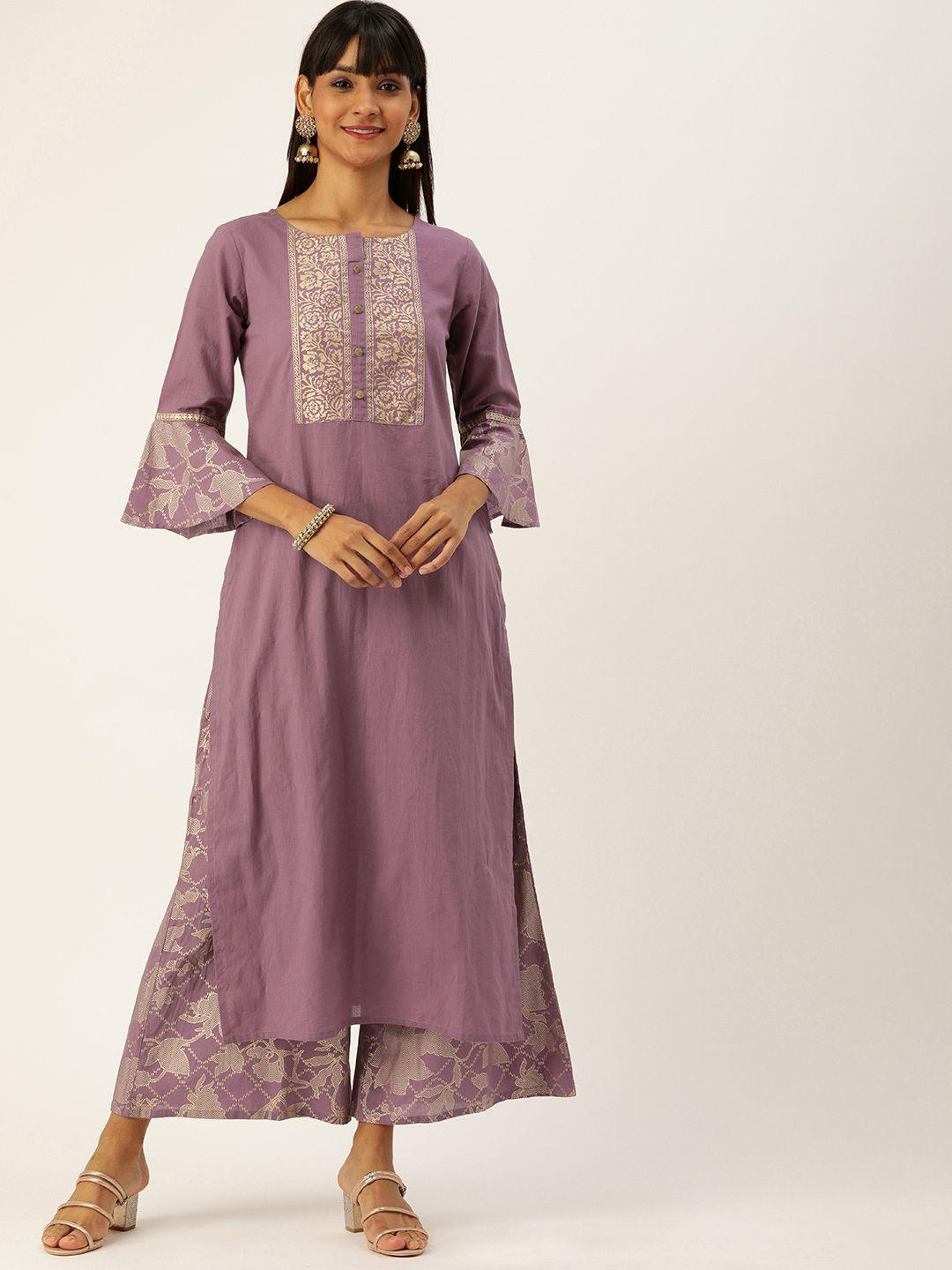 varanga women mauve & gold-toned printed kurta with palazzos