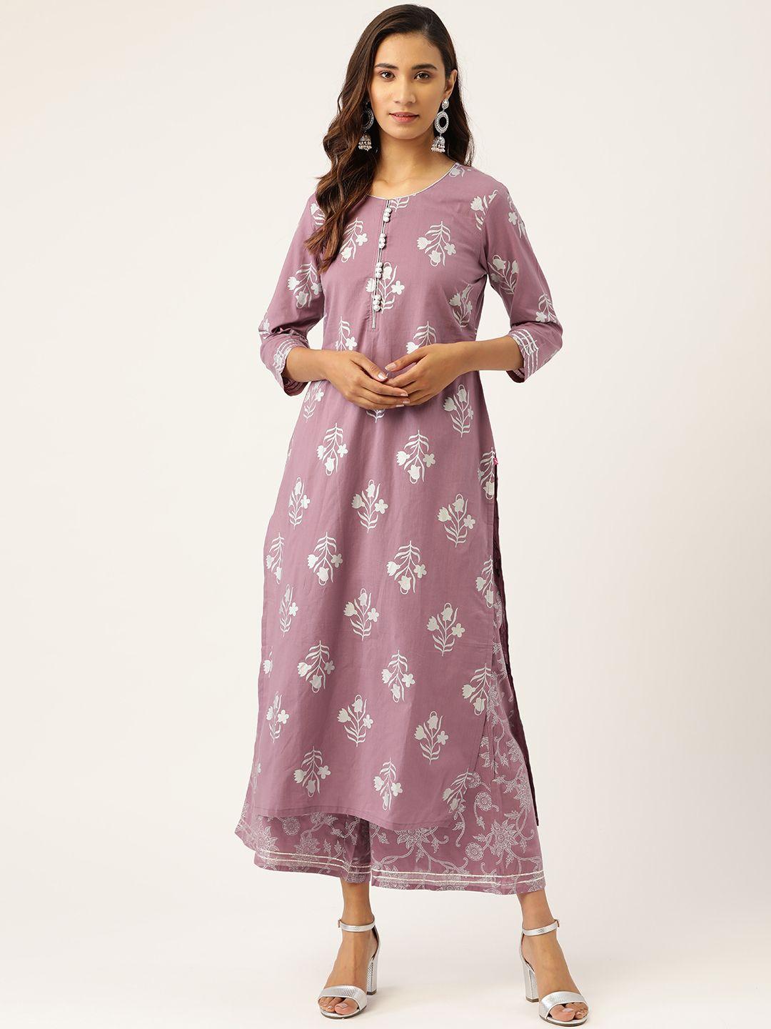 varanga women mauve & silver ethnic motifs screen print pure cotton kurta with palazzos