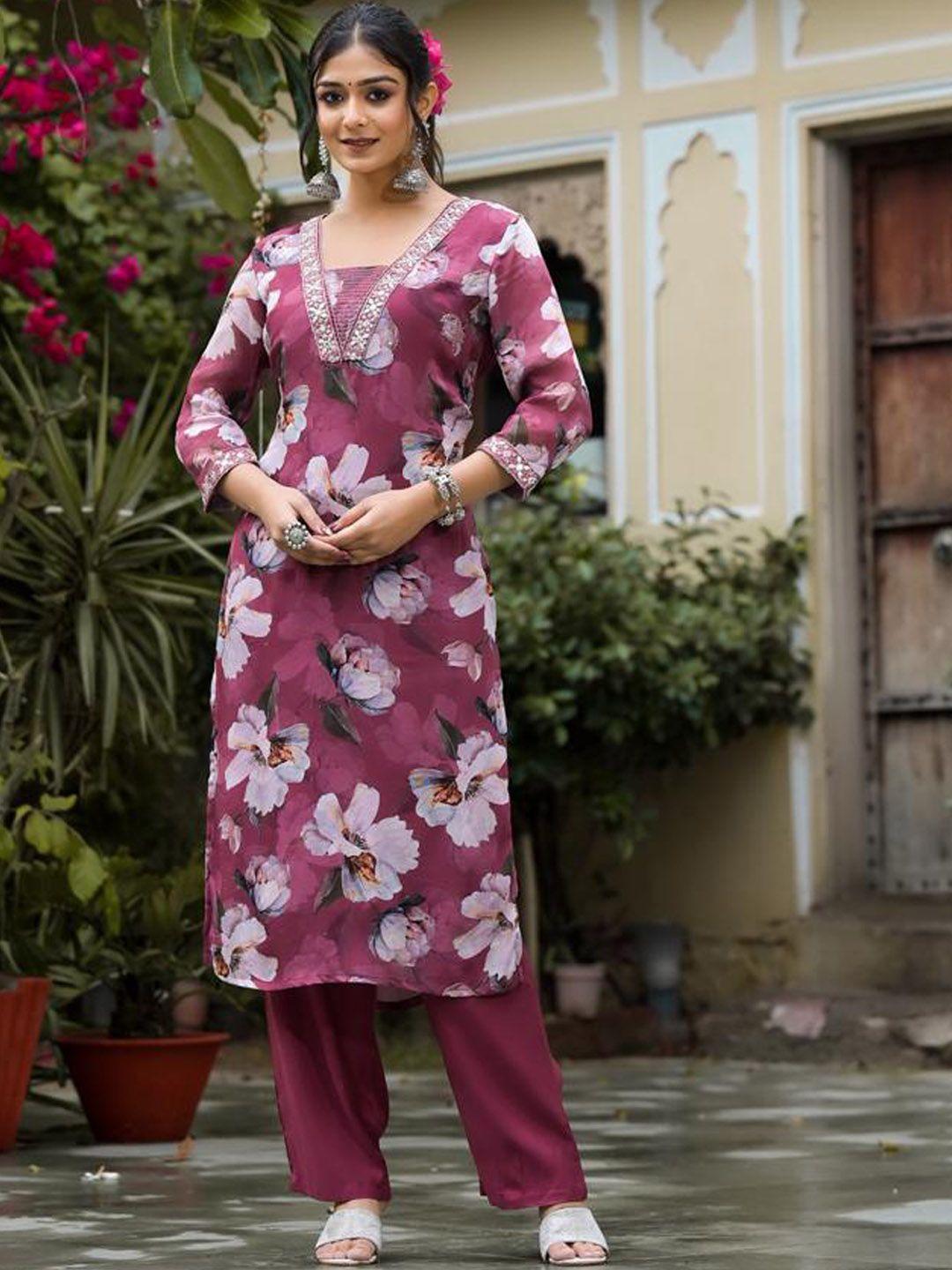 varanga women mauve floral embroidered regular mirror work kurta with trousers & with dupatta