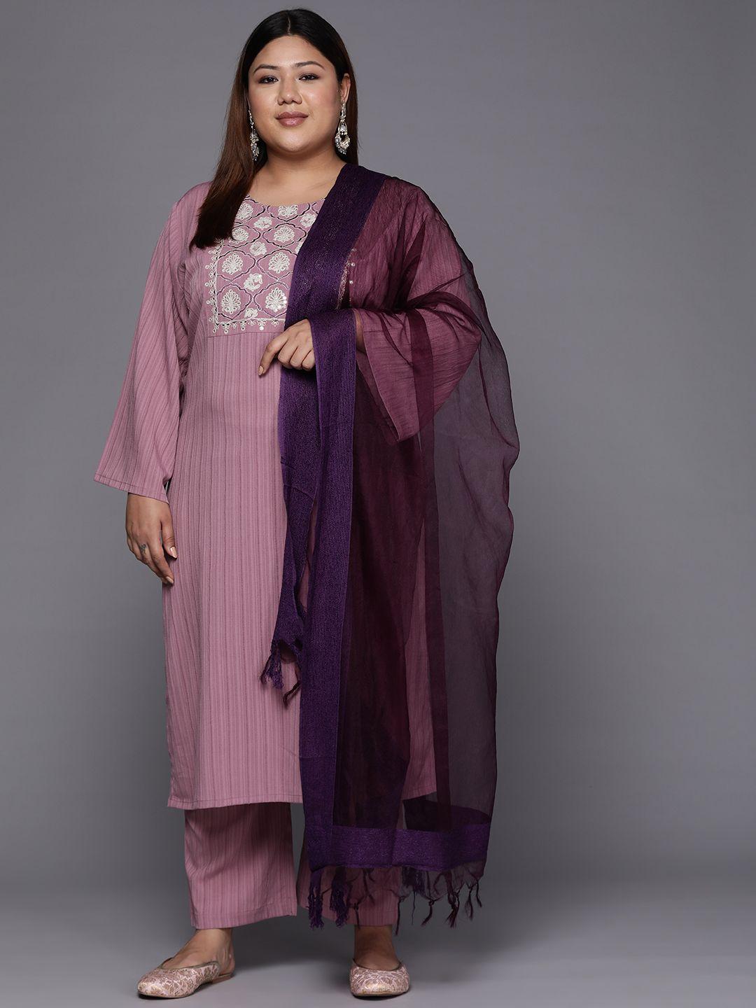 varanga women mauve floral embroidered thread work kurta with palazzos & dupatta