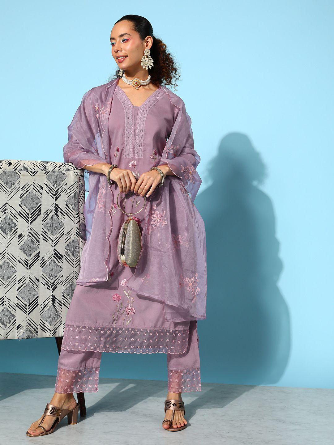 varanga women mauve floral embroidered thread work kurta with trousers & dupatta