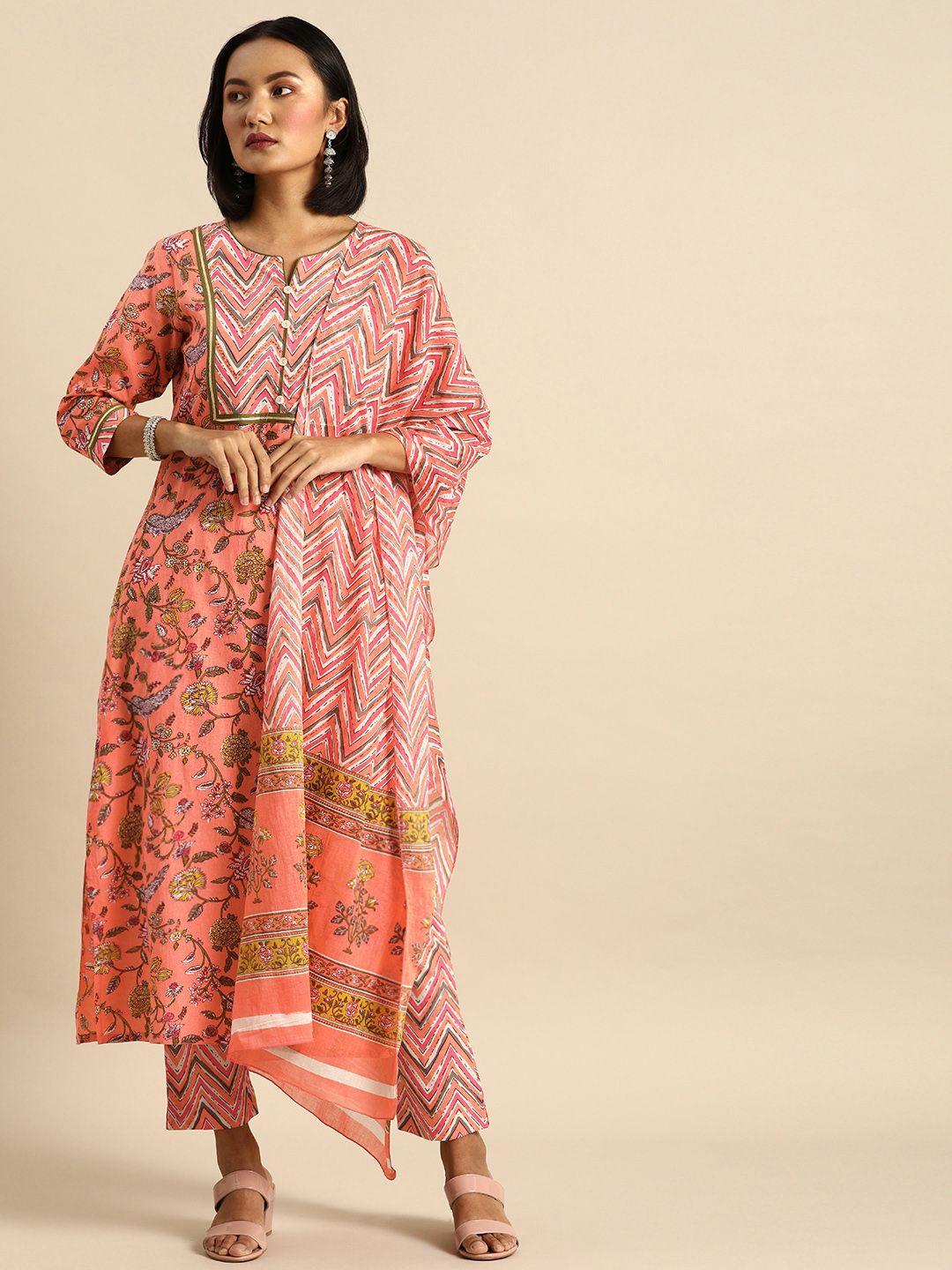 varanga women multicoloured printed kurta with trousers & dupatta