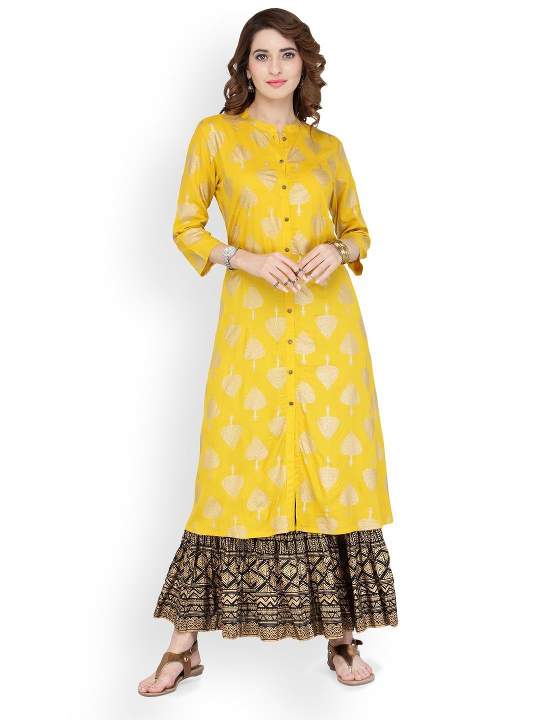 varanga women mustard & black printed kurta with skirt