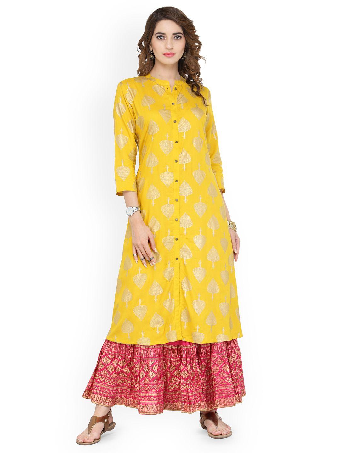 varanga women mustard & red printed kurta with skirt