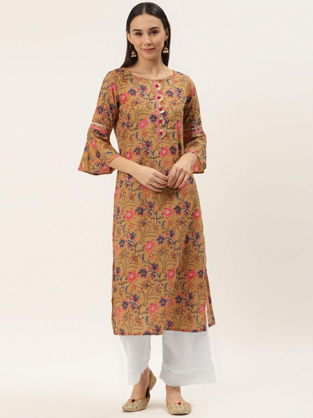 varanga women mustard floral printed pure cotton kurta with trousers