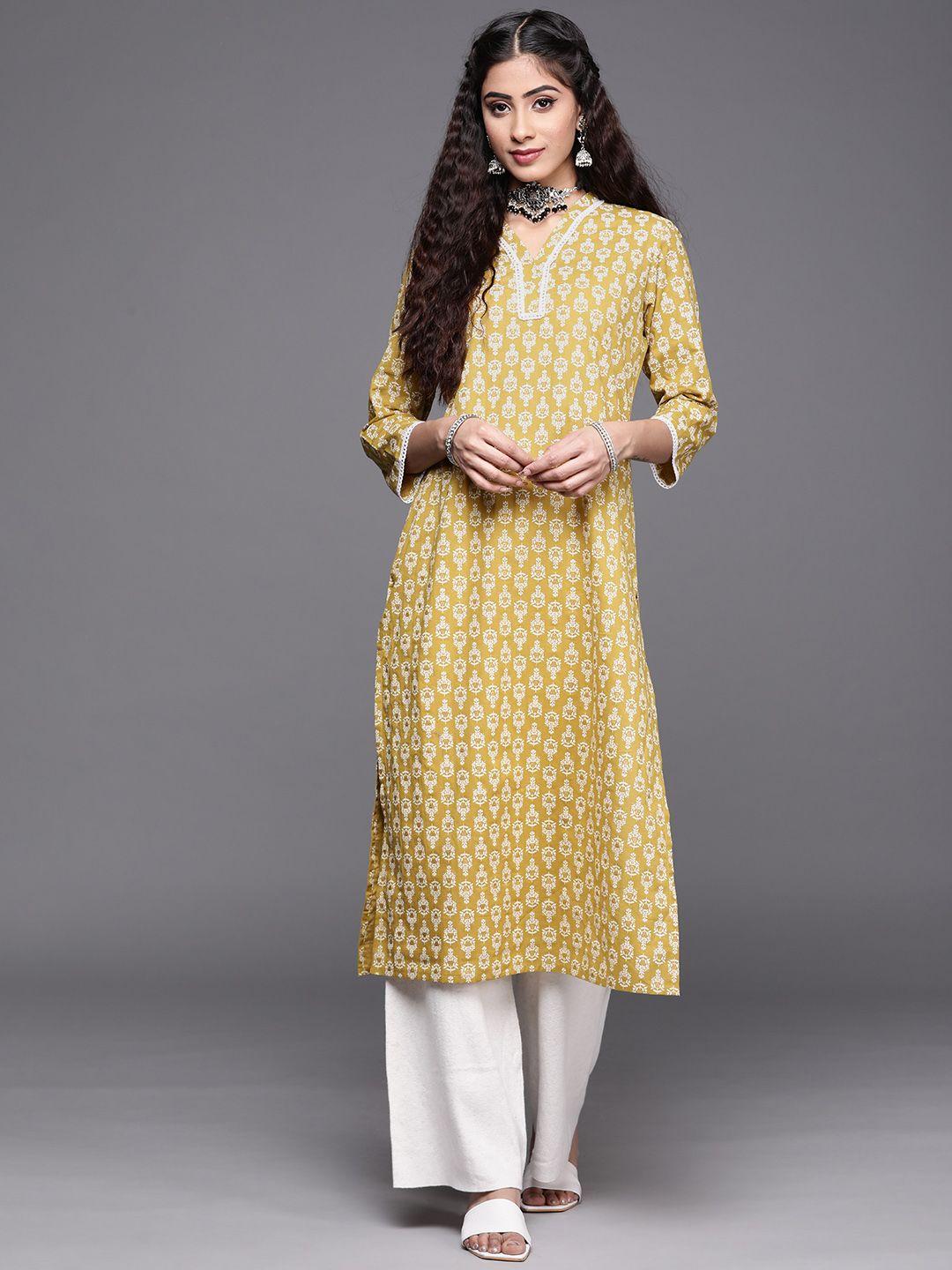 varanga women mustard yellow & cream-coloured pure cotton ethnic motifs printed kurta