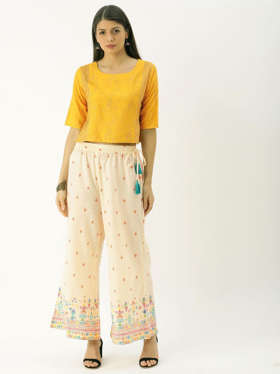 varanga women mustard yellow & off-white printed top with palazzos