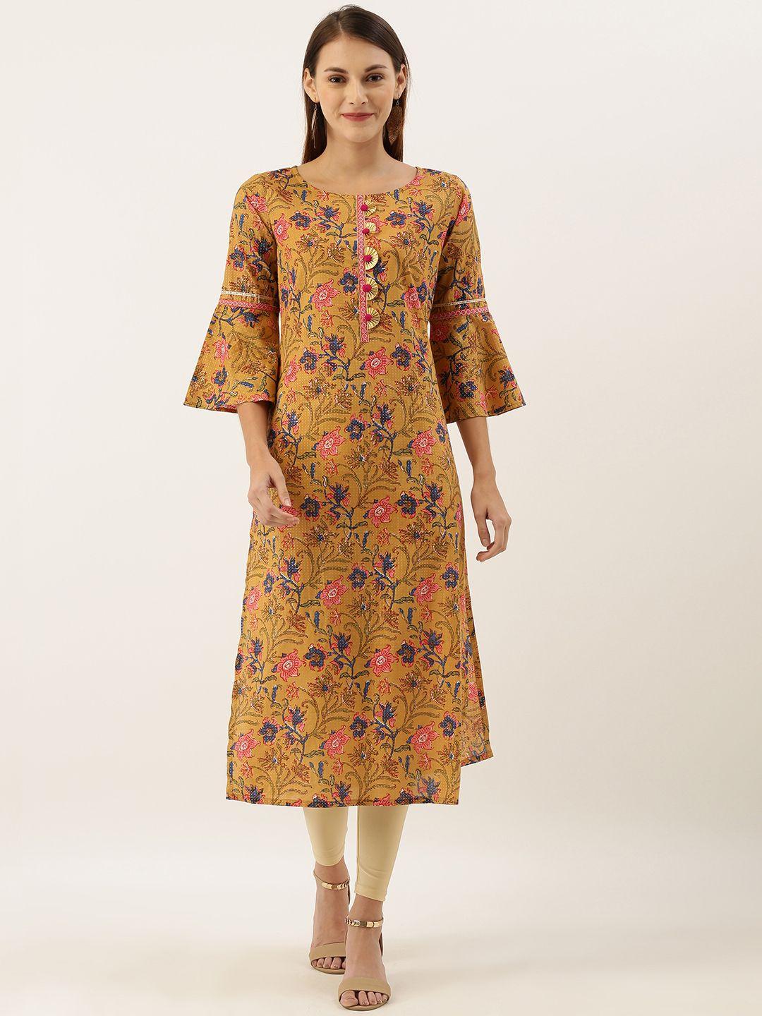 varanga women mustard yellow & pink floral printed straight kurta with bell sleeve