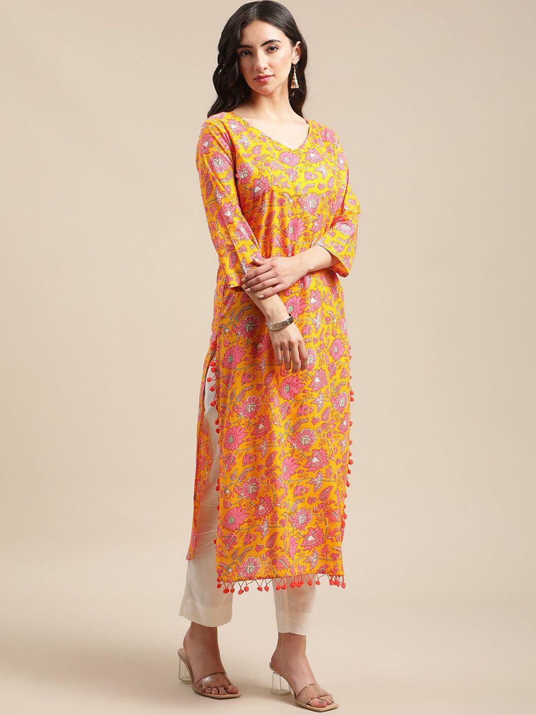 varanga women mustard yellow & white ethnic motifs printed pure cotton kurta with trousers