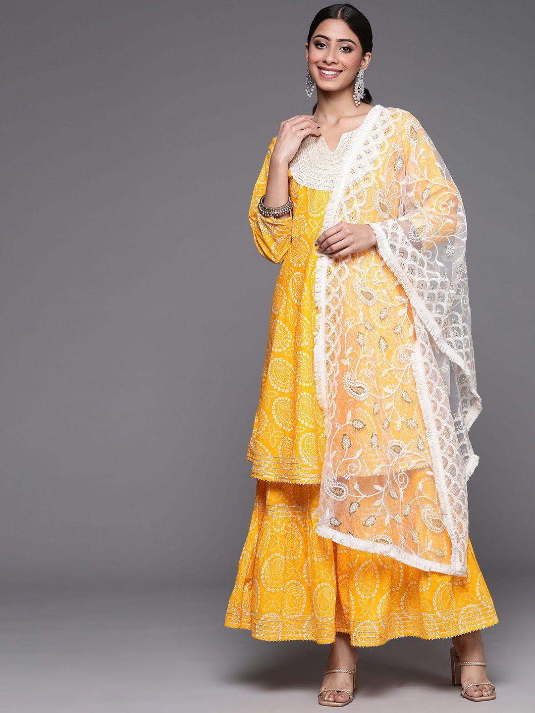 varanga women mustard yellow bandhani printed pure cotton kurta with sharara & dupatta