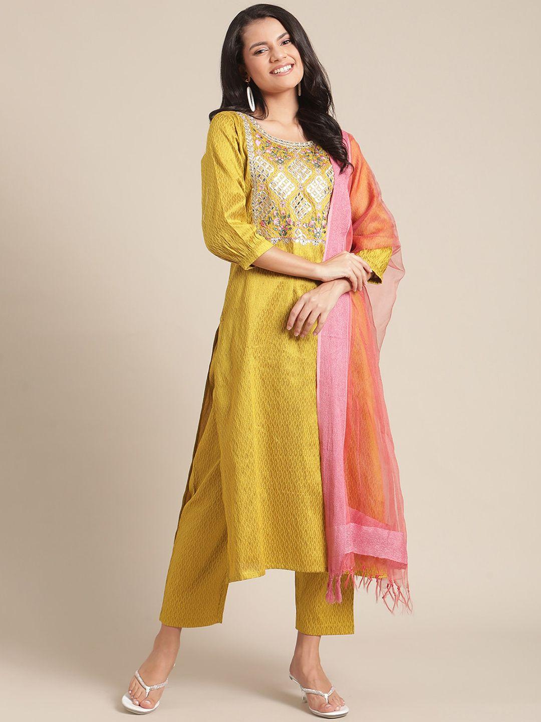 varanga women mustard yellow embroidered pure silk kurta with trousers & with dupatta