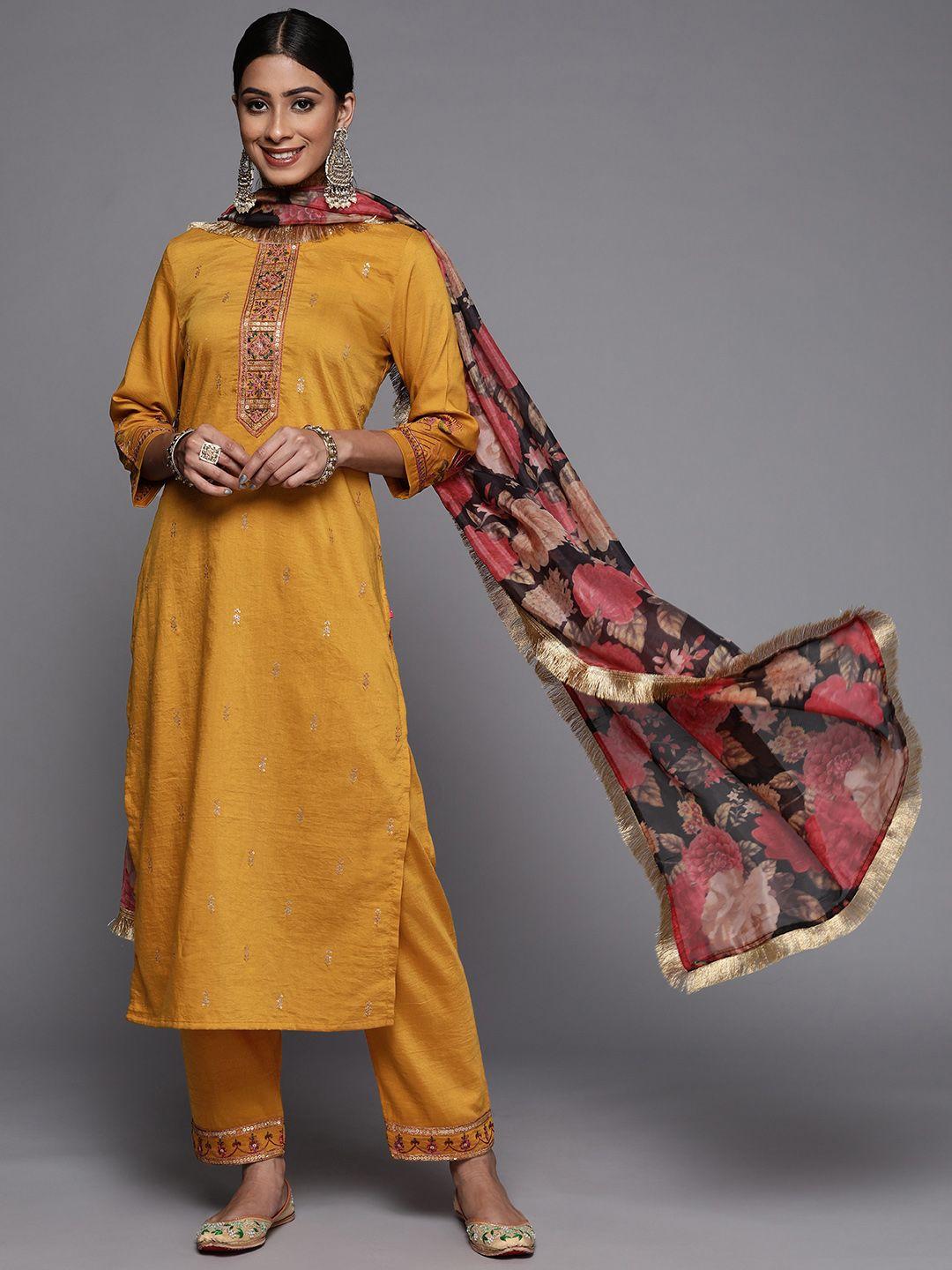 varanga women mustard yellow ethnic motifs embroidered sequinned kurta with trousers & with dupatta