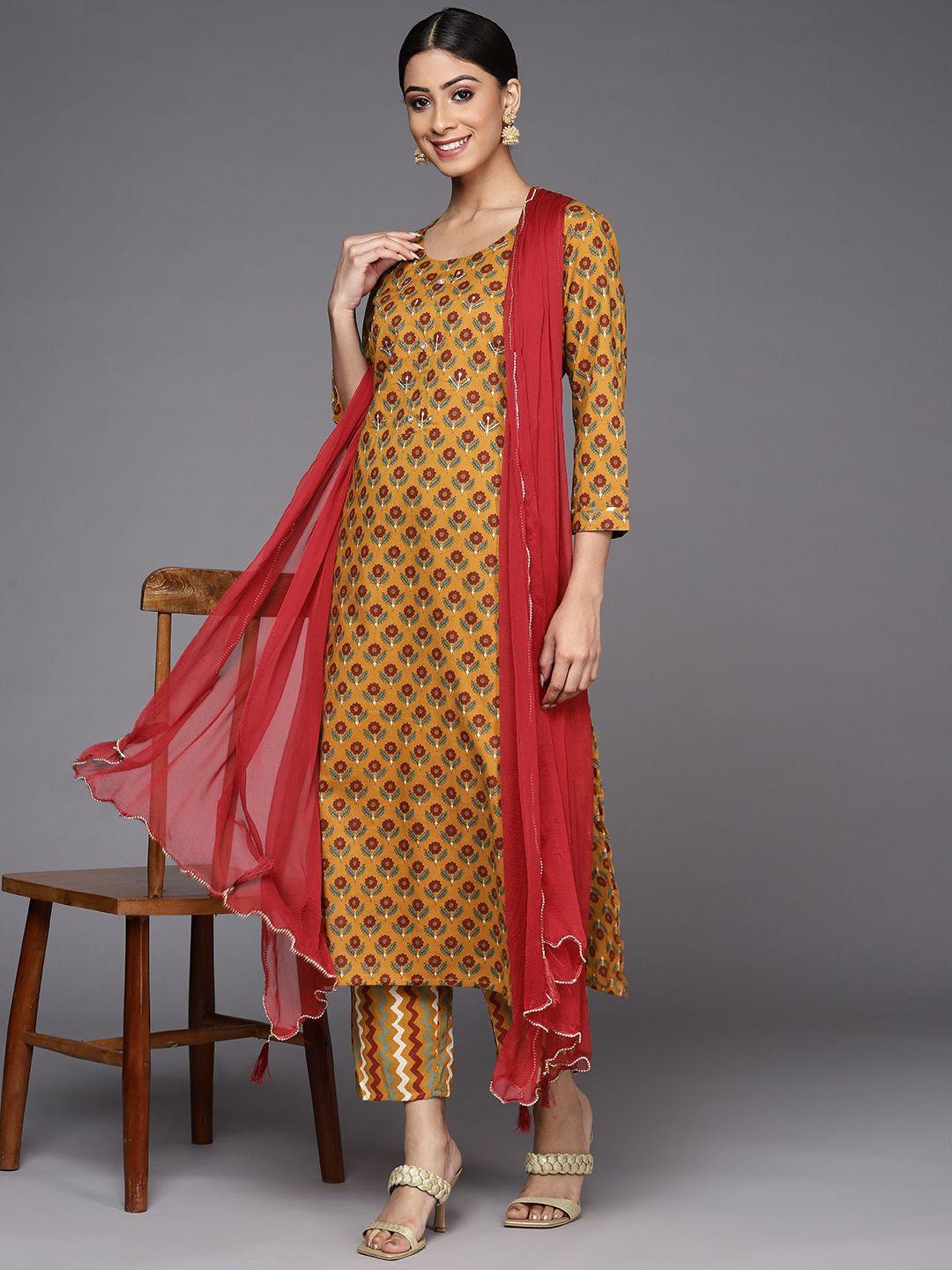 varanga women mustard yellow ethnic motifs printed pure cotton kurta with trousers & with dupatta