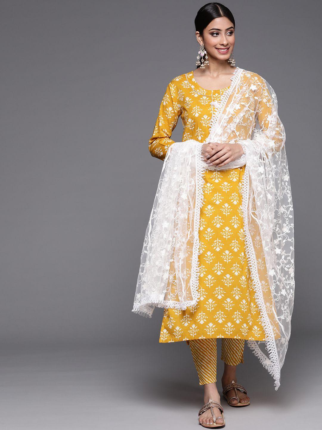 varanga women mustard yellow ethnic motifs printed sequinned pure cotton kurta with trousers & with dupatta