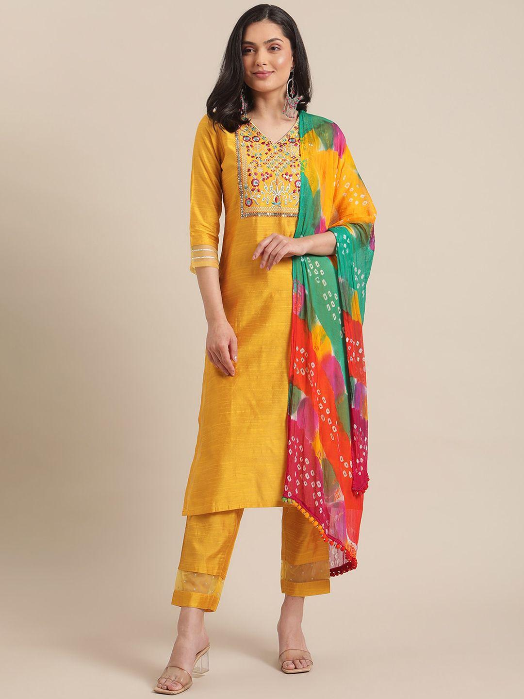 varanga women mustard yellow floral embroidered empire thread work kurta with trousers & with dupatta