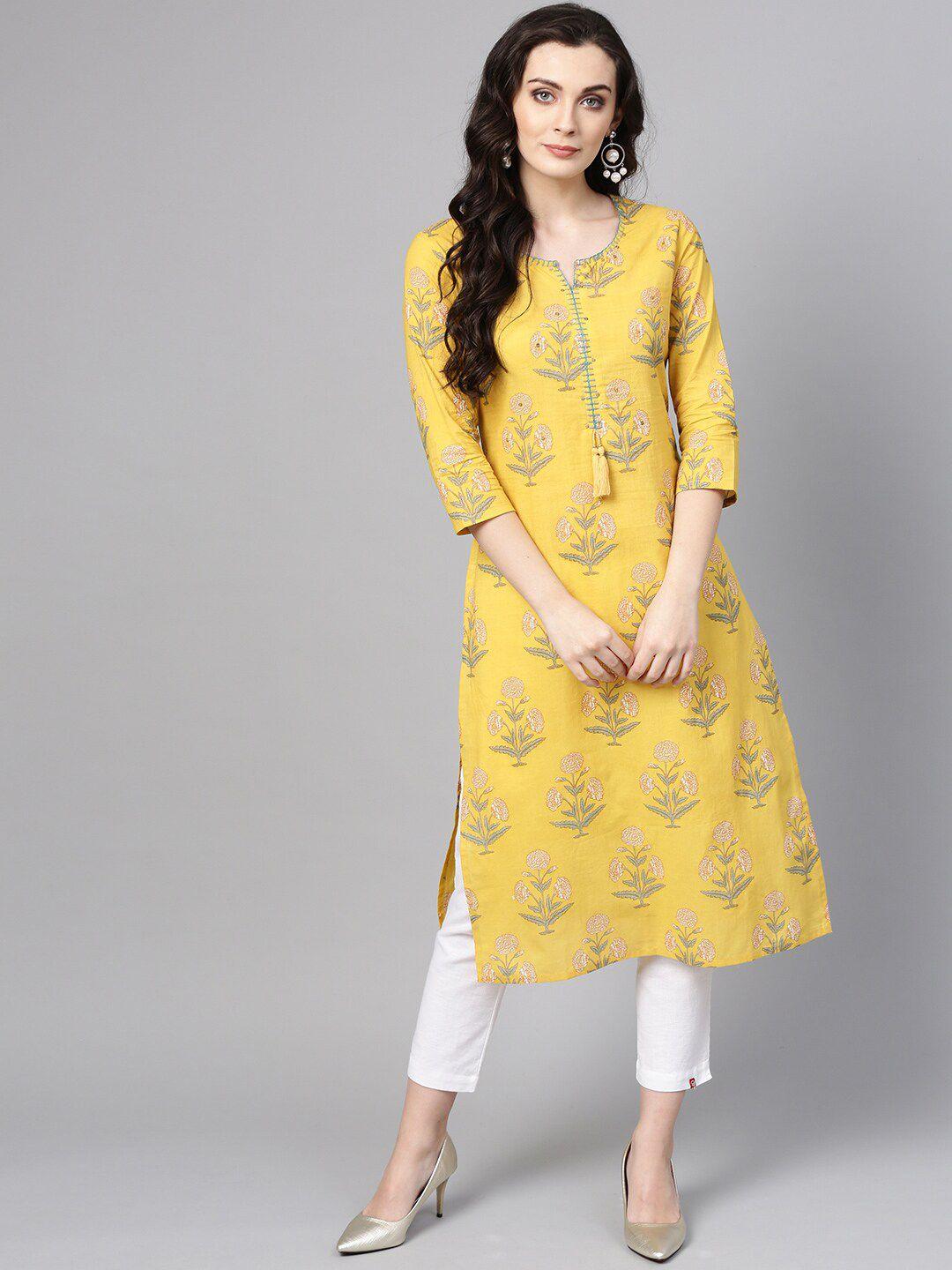 varanga women mustard yellow floral printed floral pure cotton kurta