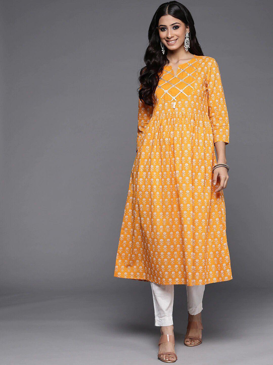 varanga women mustard yellow geometric printed keyhole neck flared sleeves quirky kurta