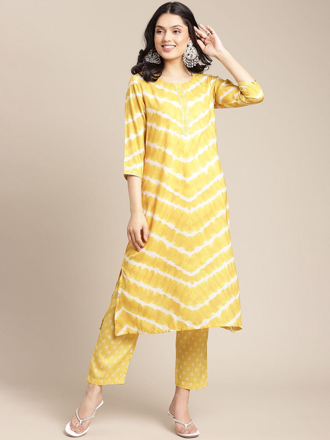 varanga women mustard yellow printed regular kurti with trousers