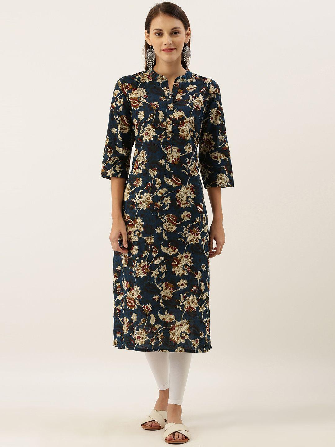 varanga women navy blue & beige floral printed a-line kurta