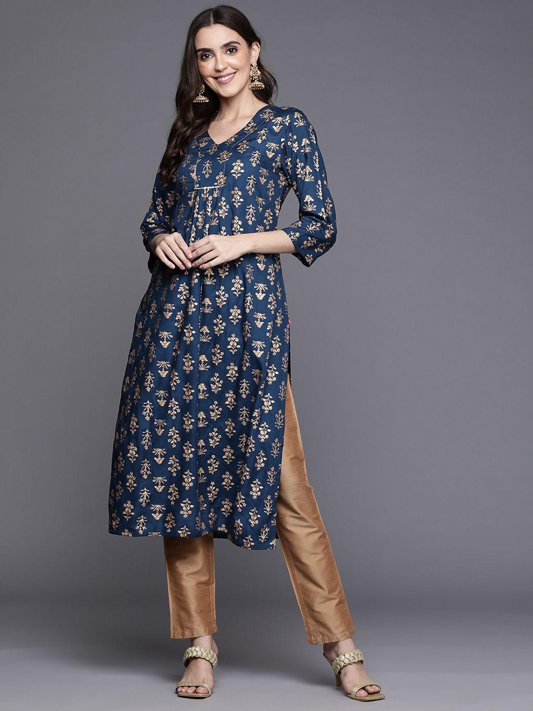 varanga women navy blue & gold-toned ethnic motifs printed kurta