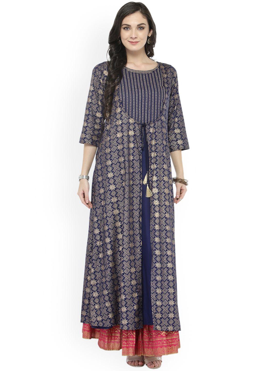 varanga women navy blue & pink embroidered kurta with skirt