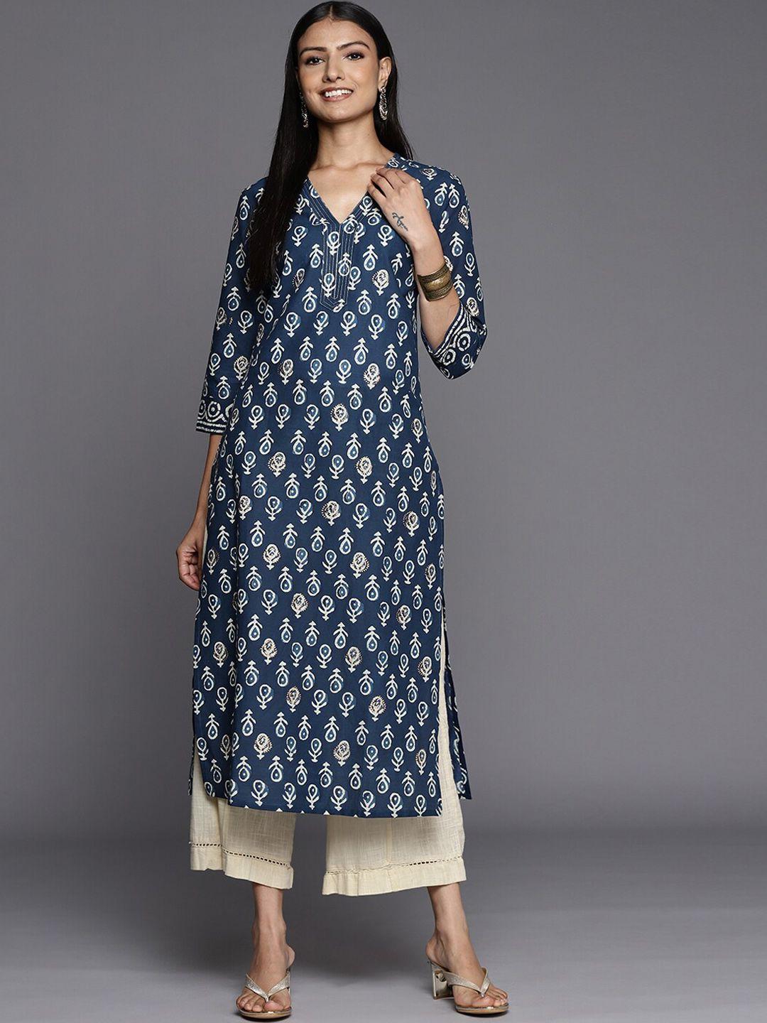 varanga women navy blue ethnic motifs printed indigo cotton kurta