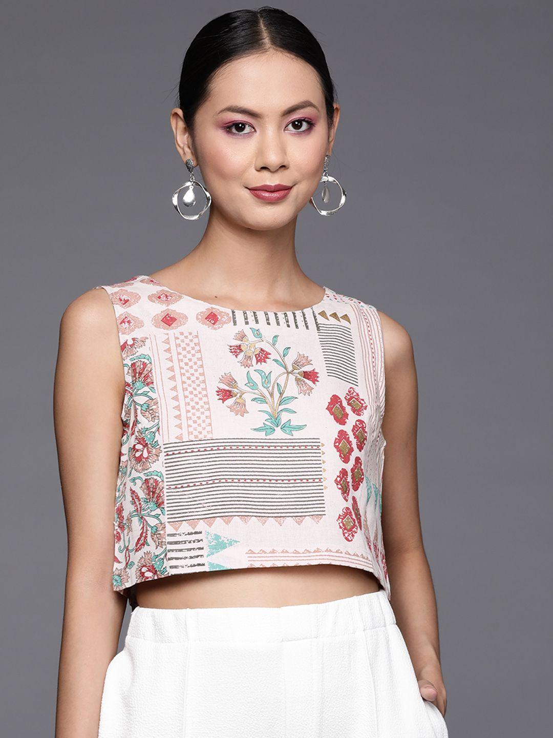 varanga women off white & pink ethnic print top