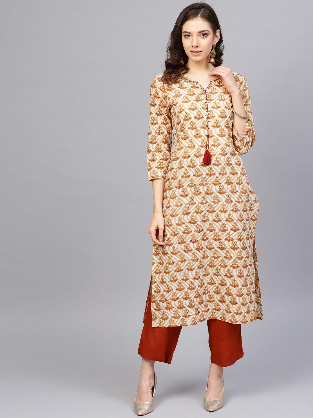 varanga women off-white & rust orange printed kurta with trousers