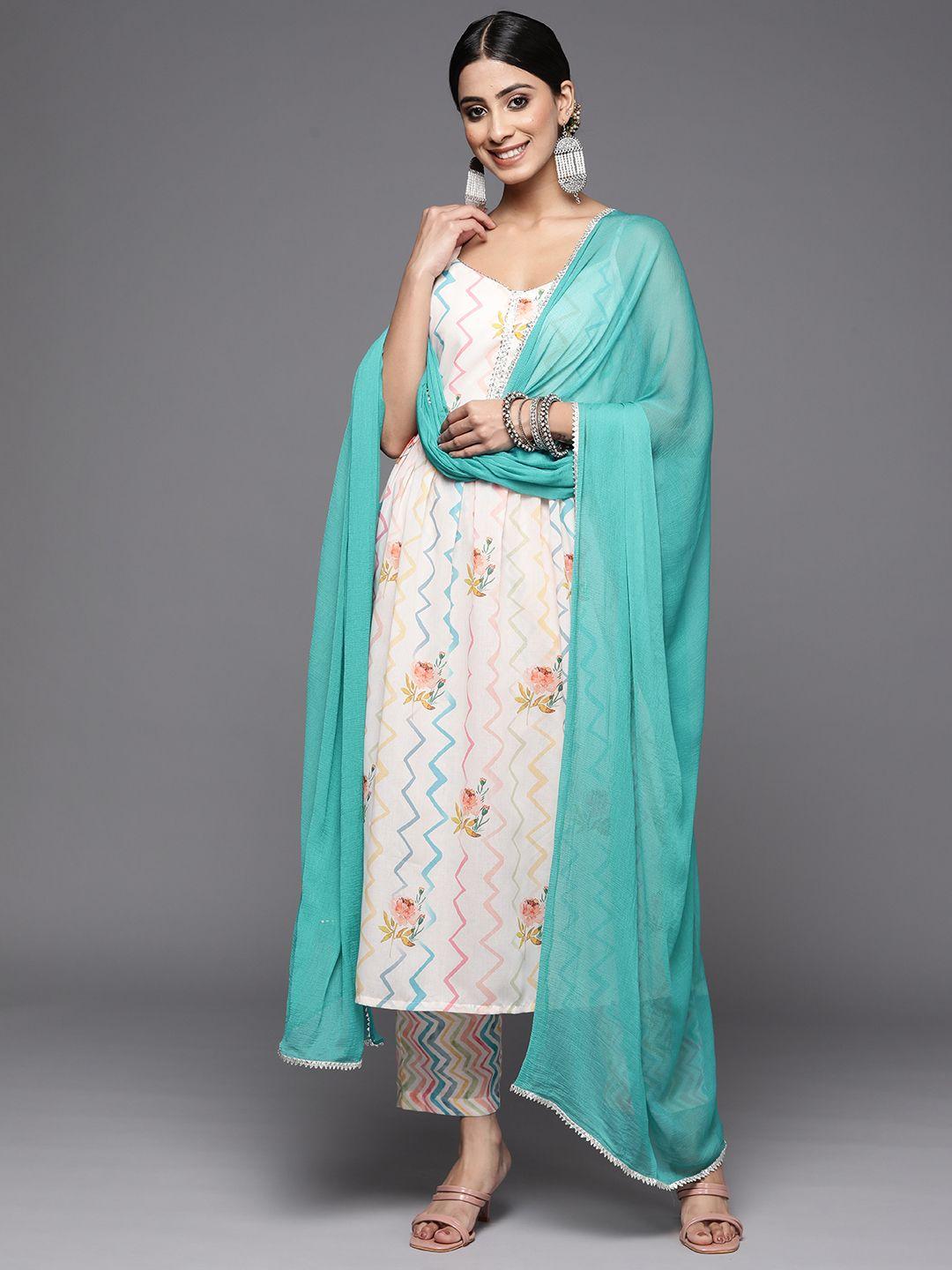 varanga women off white floral printed pleated gotta patti kurta with trousers & with dupatta