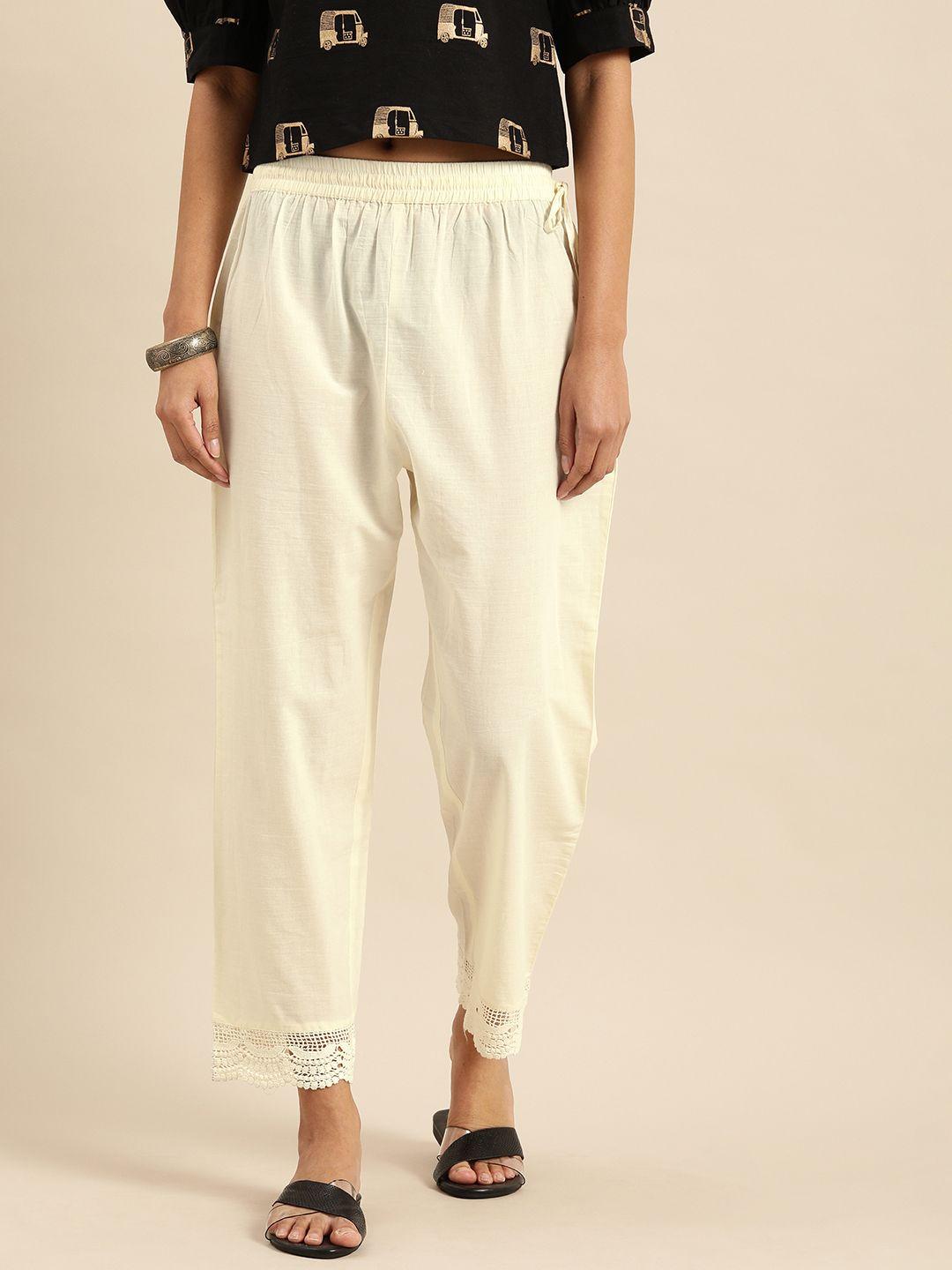 varanga women off-white regular fit solid regular trousers