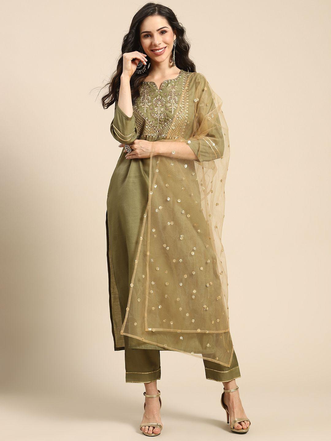 varanga women olive green & golden embroidered kurta with trousers & dupatta