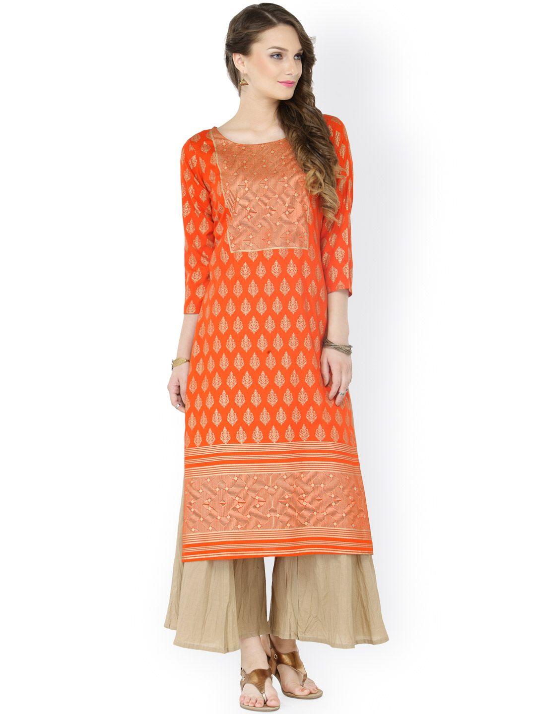 varanga women orange & beige foil print kurta with palazzos