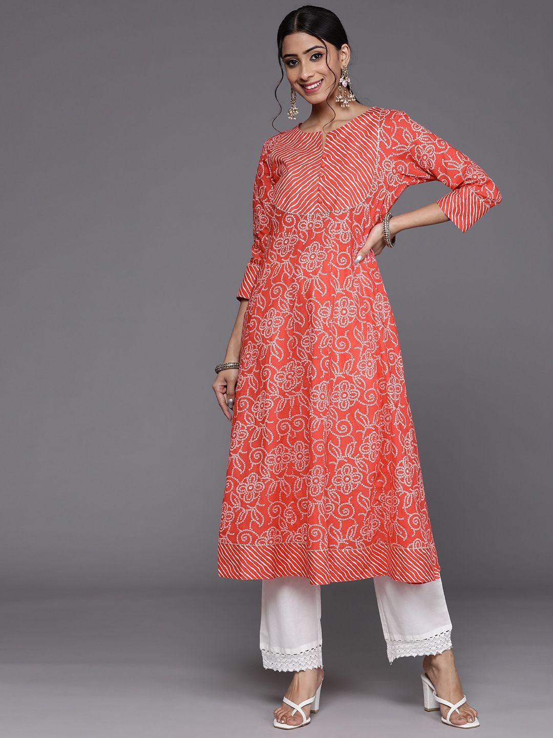 varanga women orange & off white pure cotton ethnic motifs printed anarkali kurta