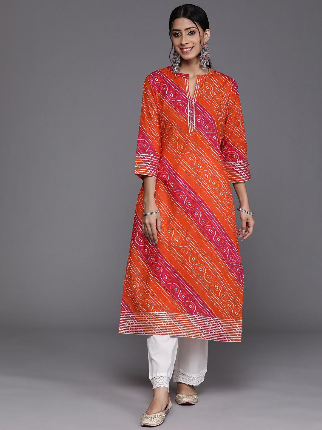 varanga women orange & pink bandhani printed gotta patti kurta